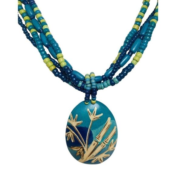 Blue Hawaiian Flower Jewelry Set 18” Earrings Necklace Pendant Bohemian Bamboo - Picture 6 of 12